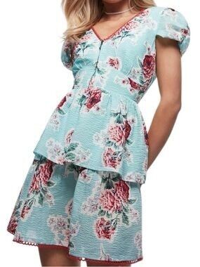 Betsey Johnson Aqua Floral Peplum Dress with Pink Trim